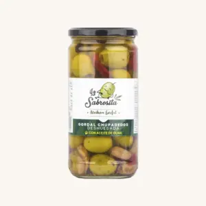 La Sabrosita Gordal Chupadedos pitted olives with olive oil, from Seville, jar 690g