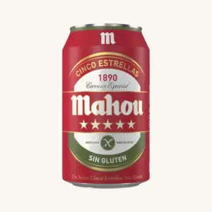 Gluten free Mahou Cinco Estrellas, Pale lager beer (cerveza), from Madrid, can 33 cl